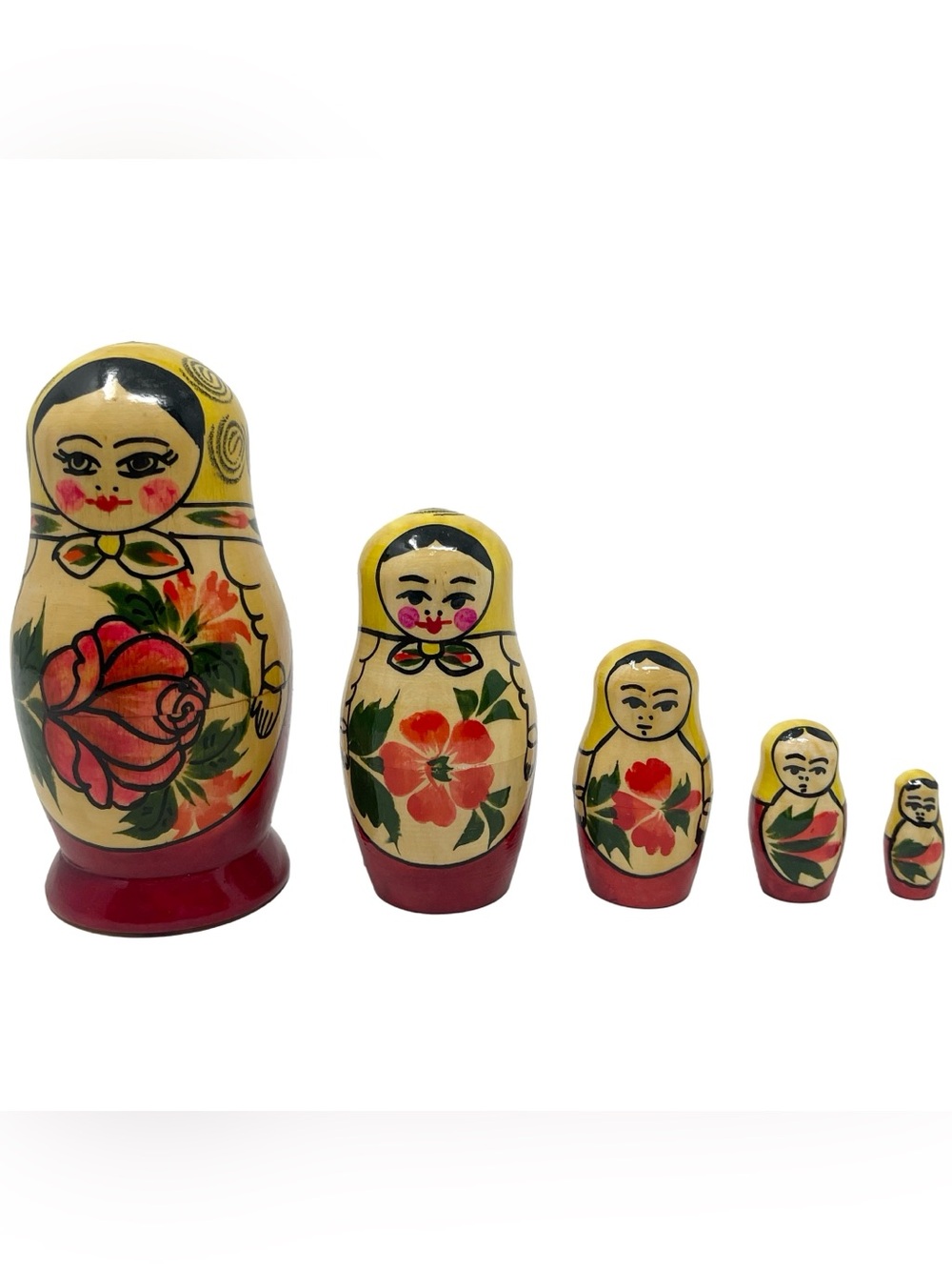 Vintage Russian Matryoshka Nesting Dolls Set of 5 Hand Painted Floral Red Yellow